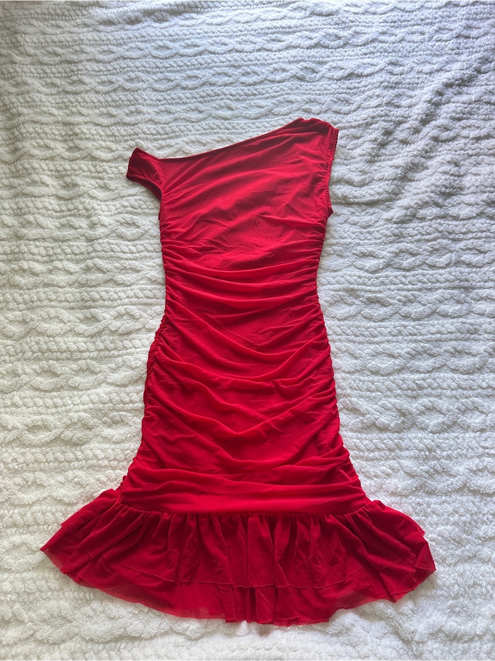Red One-Shoulder Ruched Ruffle Mini Dress - Picture 2 of 6